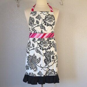 World Market Apron 100% Cotton Black Floral Pink Stripes Pockets Ruffle Hem